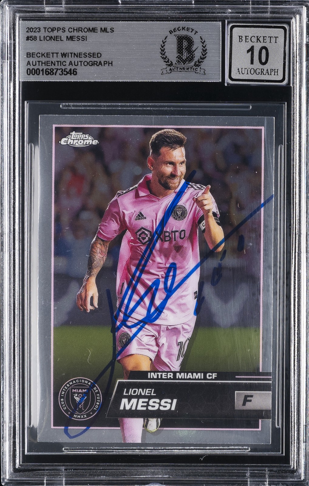 2023 TOPPS CHROME MLS BECKETT WITNESSED AUTHENTIC AUTO #58 LIONEL MESSI BGS 10