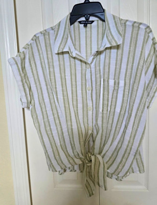 Unique Spectrum Women's L White/Green Striped Button-Up Tie Blouse