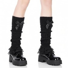 Women's 1 Pair Black Lace Leg Warmers, Fashion Knit Bow Lace Trim Loose High