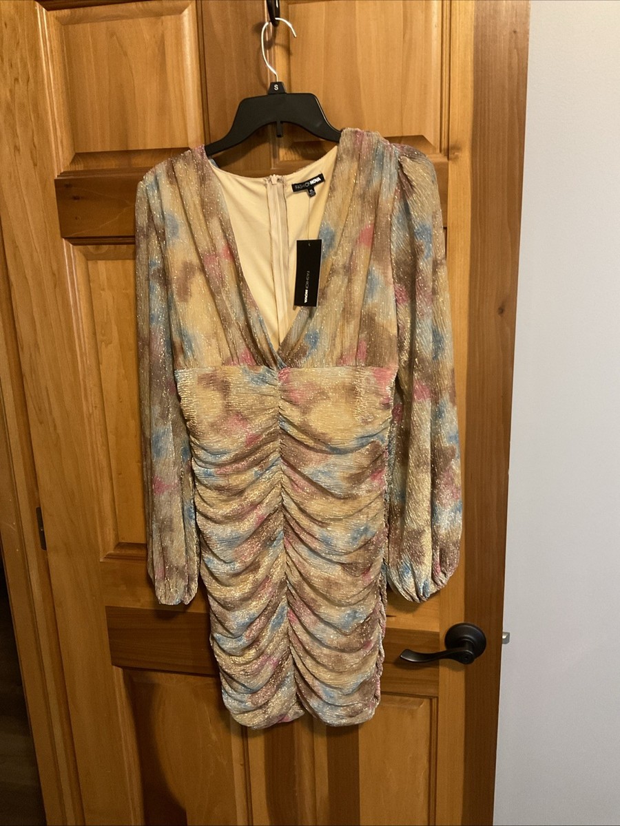 NWT Fashion Nova Charley Mini Gold Rose Blue Pattern Metallic Dress Womens  XL