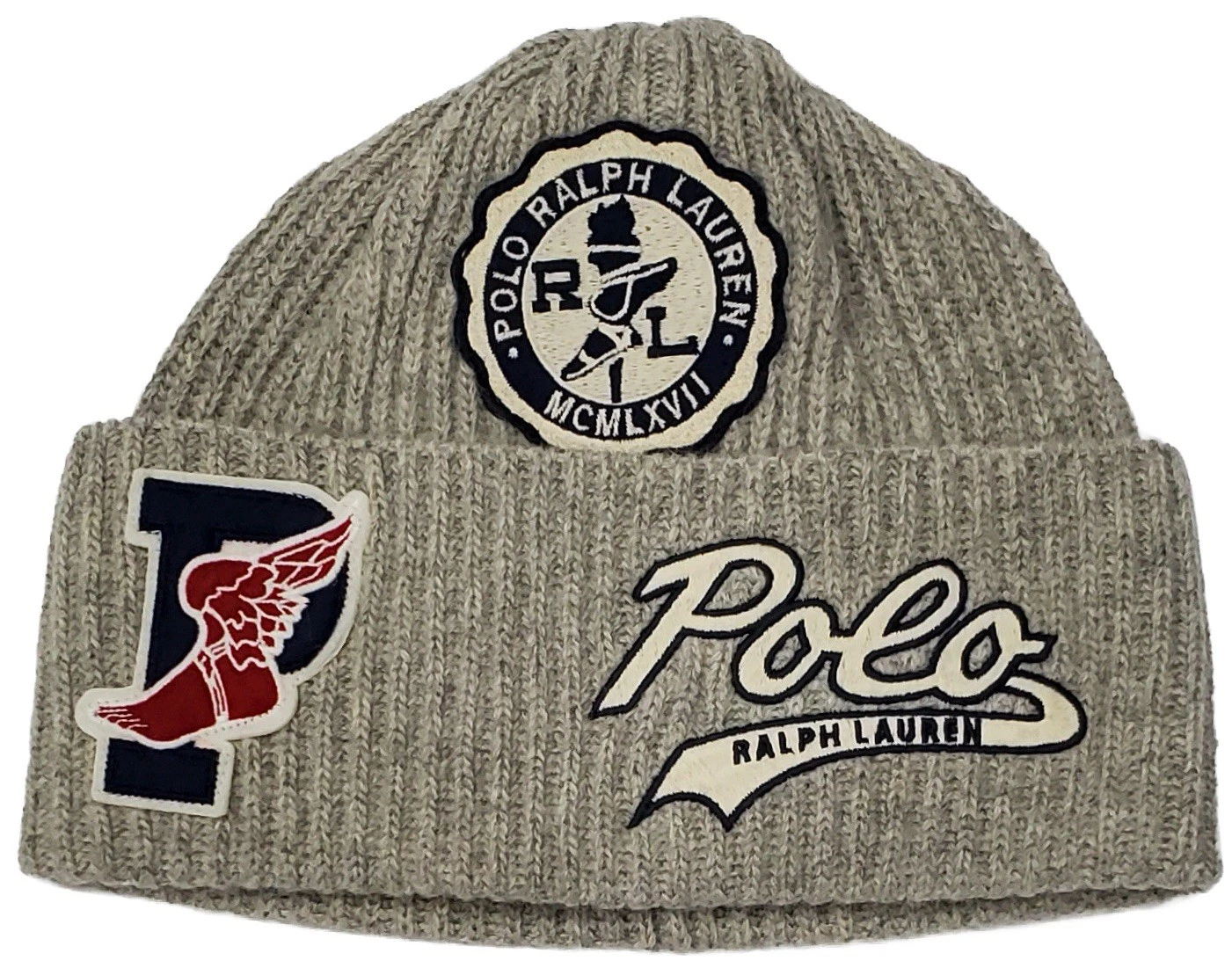New Polo Ralph Lauren Grey P-Wing Script Patch Embroidered Logo Patch Beanie
