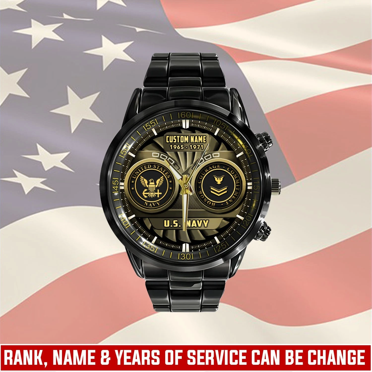 Personalized US Navy Black Stainless Steel Watch For Men