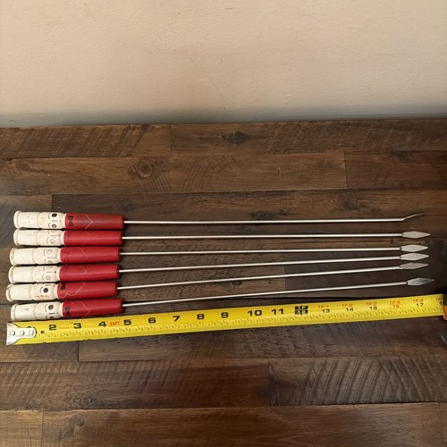 Vintage Wood Handled Skewers Set of 6 Hand-Painted BBQ Kabob Marshmallow Sticks