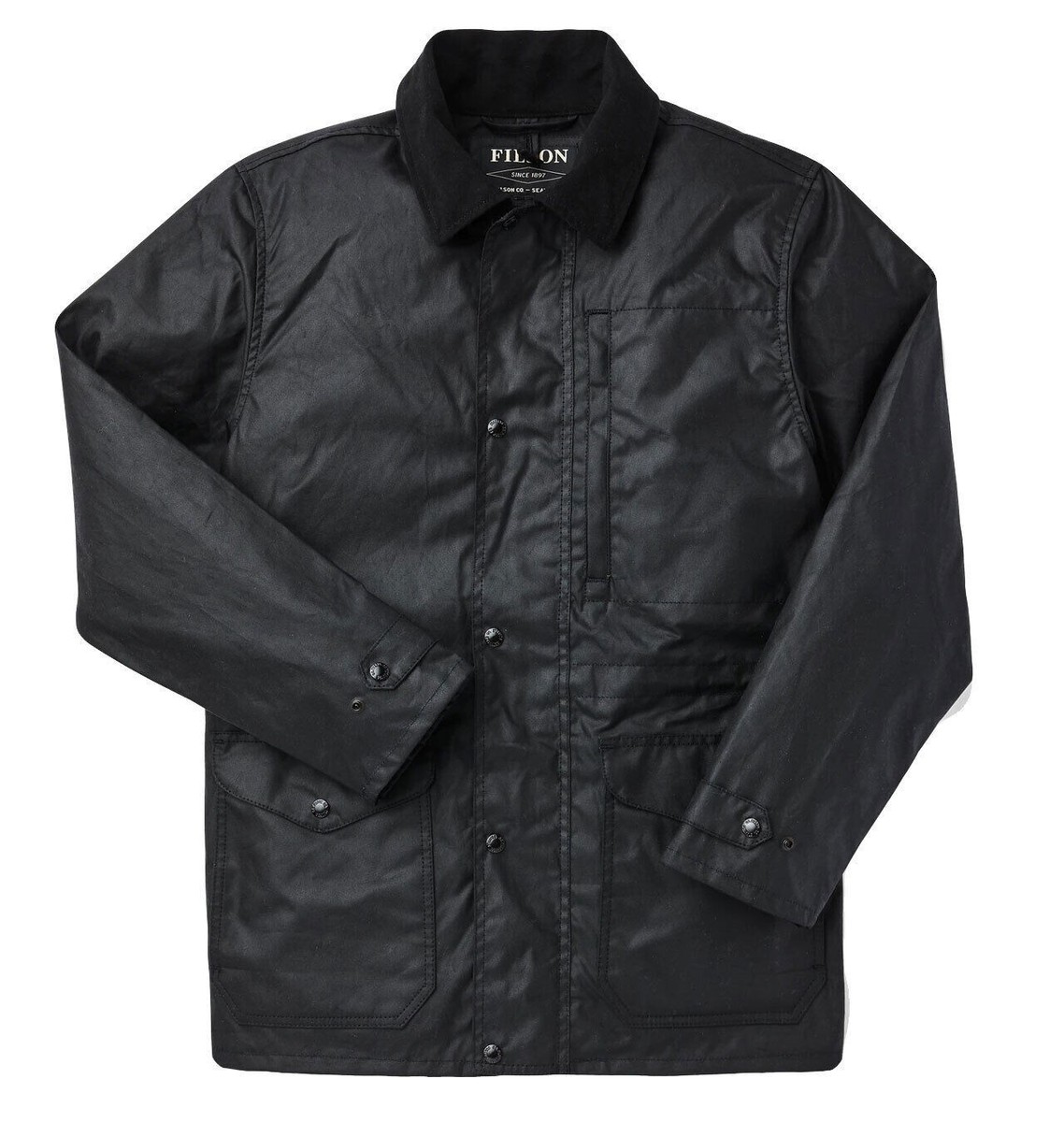 Filson Cover Cloth Mile Marker Coat Black Waxed Cotton Rain Jacket