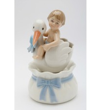NEW COLLECTIBLE PORCELAIN BABY BOY WITH STORK "Rock-A-Bye" MUSIC BOX-20922-NIS