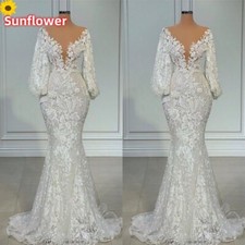High Quality Mermaid Wedding Dresses V Neck with Puffy Long Sleeves Bridal Gowns