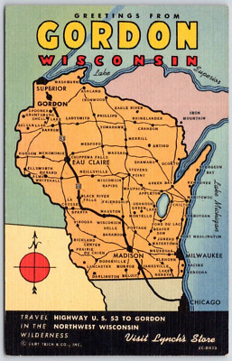 Gordon Wi Postcard WI Greetings From Gordon Wisconsin State Map Lynch's Store ...