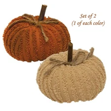 NEW PUMPKINS Set of 2 Chenille ORANGE TAN Halloween Harvest Fall 3.75"T x 3.5"W