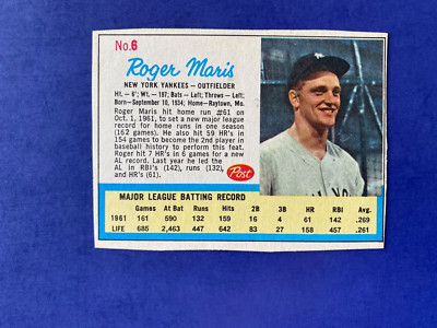 1962 Post Cereal Roger Maris #6 with Ad NM near mint or better