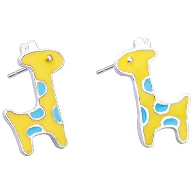 Yellow Blue Cute Giraffe Minimalist Sterling Silver Stud Earrings