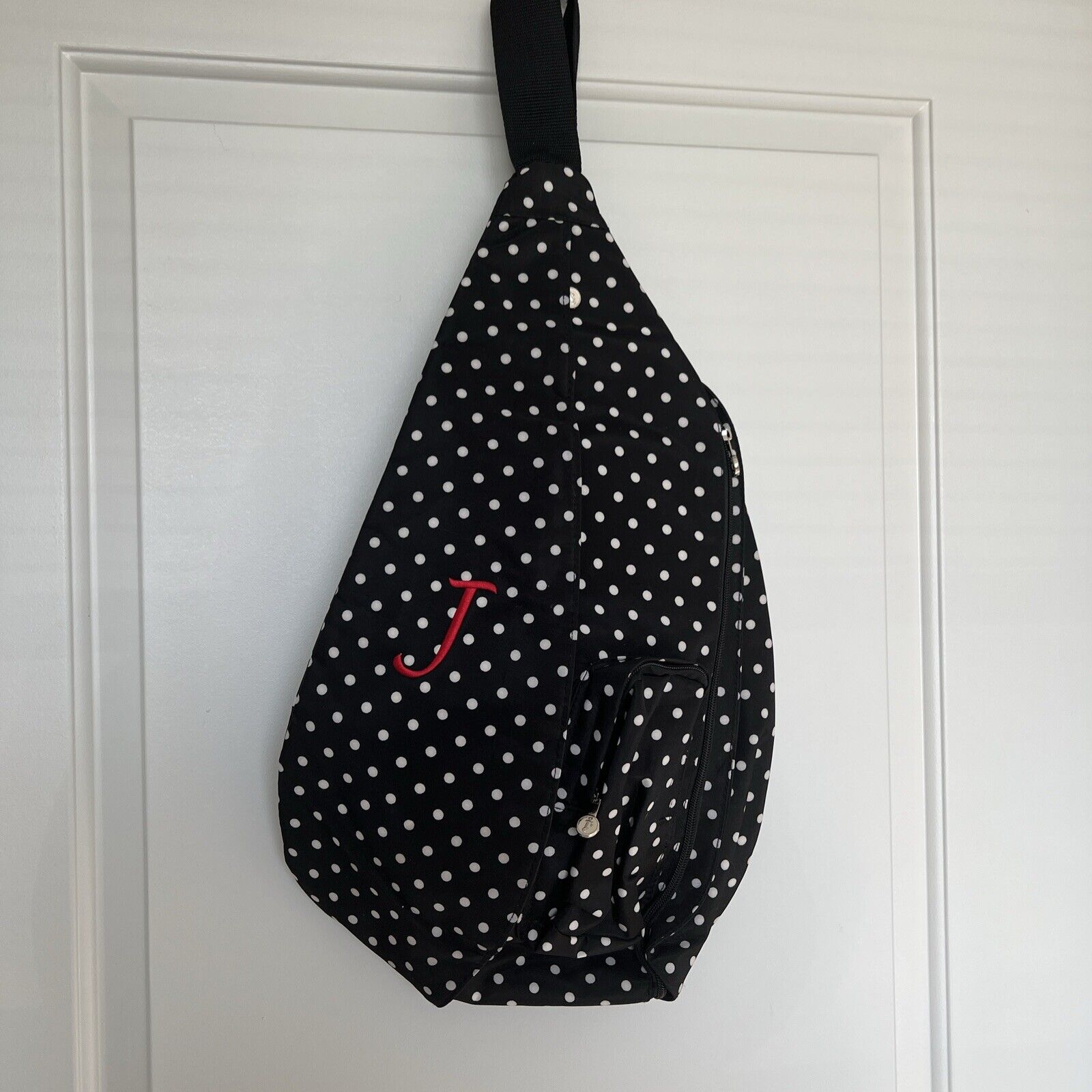 Initials Inc Crossbody Backpack Black With White Polka dots Red “J” Initial.
