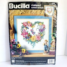 Bucilla FLORAL HEART WREATH Stamped Cross Stitch Kit 41075 NEW 16 x 16