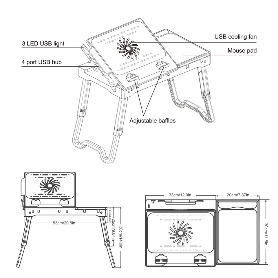 Adjustable Foldable Laptop Notebook Desk Table Stand Bed Tray w/Cooling Fan - Image 4 of 4