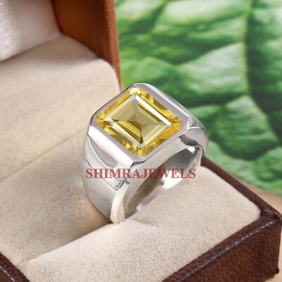 Natural Lemon Quartz Gemstone With White Gold Plated Silver Ring For Men's #1237