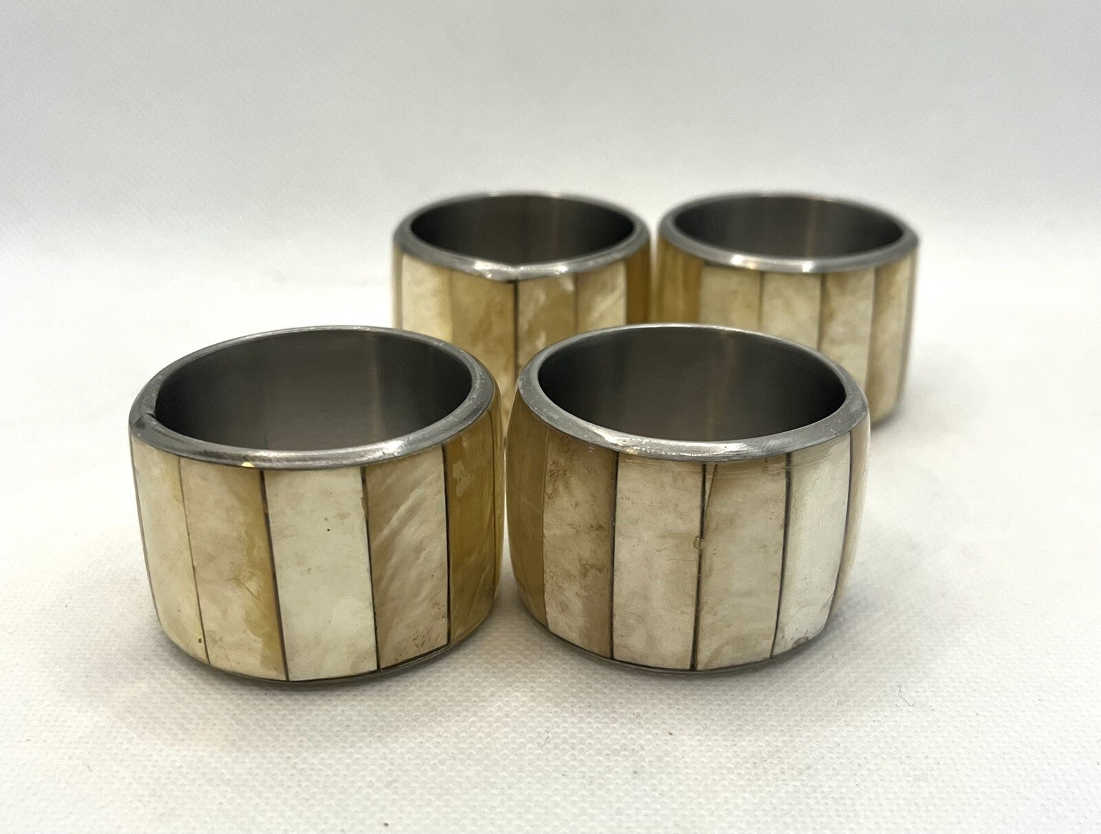 Vintage Capiz Shell And Metal Napkin Rings , Iridescent Inlay , MCM , Set of 4, vintage home decor
