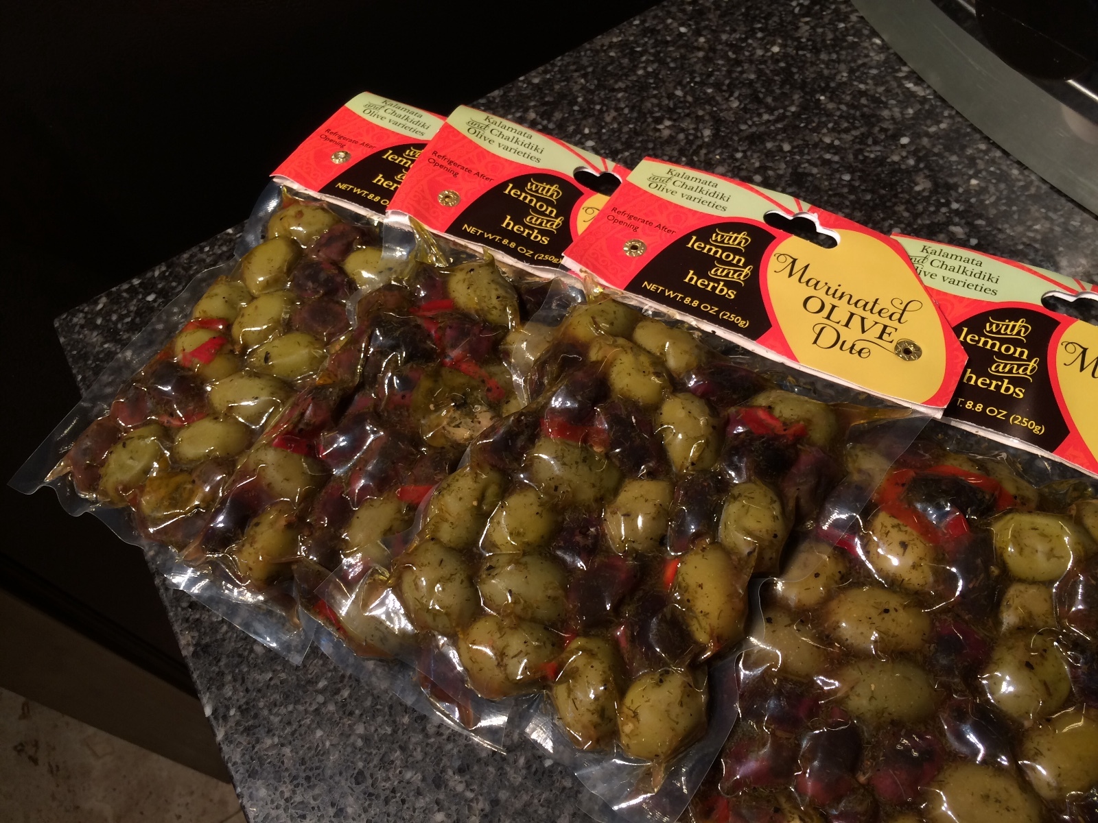 GREEK MARINATED OLIVE MEDLEY WITH LEMON AND HERBS 4 POUCHES 8.8 OZ EACH