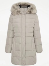 Neutral Faux Fur Hooded Longline Padded Coat Uk Size Large