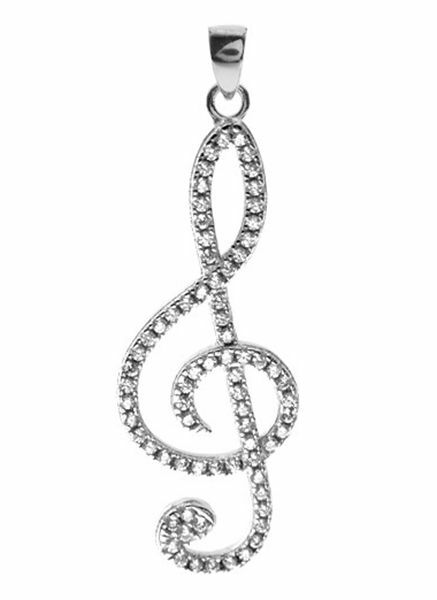 Large Sterling Silver Treble Clef Necklace with CZ - Music Gift - Music Necklace