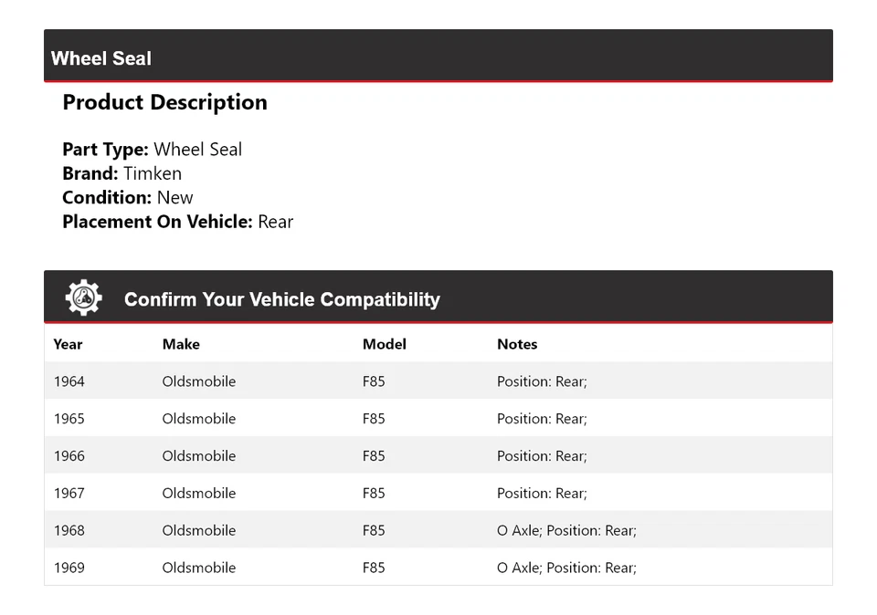 Sello de rueda trasero para Oldsmobile F85 1964-1969 Timken 1965 1966 1967 1968 Foto 2 de 4