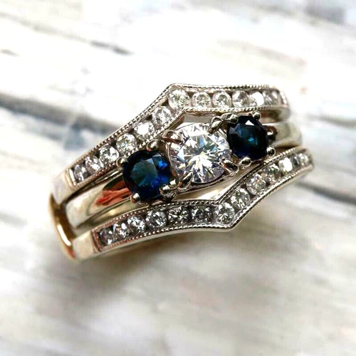 3.50 Ct Sapphire Diamond Three Stone Bridal Set Wedding Ring 14K White Gold Over