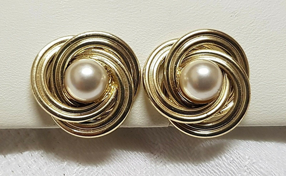 Boucles D'oreilles Vintage, Perles En Verre Entrelacées Métal Doré, Clips #A5