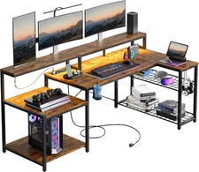 71.5 Inch Computer Desk with Power Outlets, LED Large Home Office Desk with Moni