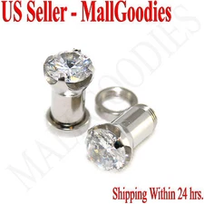1257 Screw-on / fit Clear Solid CZ Prongs Ear Plugs Retainers 2 Gauge 2G 6mm