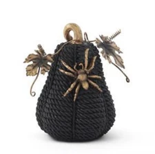 K & K Interiors - 7.25" Black Rope Pumpkins w/Gold Leaves & Spiders - 42420A-1