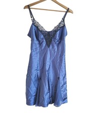 Womens Coquette Satin Slip Dress Size M Blue Lace Trim Babydoll Y2K Fairycore