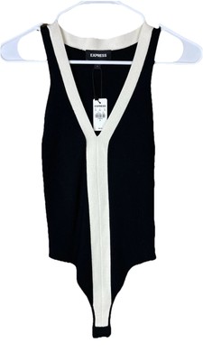 NEW Express (Sz S) Sweater Knit Bodysuit Black Cream Sleeveless Stretch $60