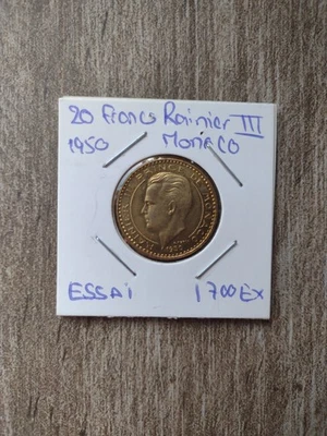 HYPER RARE ESSAI 20 FRANCS MONACO RAINIER 3 1950 1 700 EXEMPLAIRES !!! - Photo 1/2
