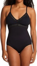Maidenform size XL Smoothing Seamless Lace Bodysuit Black Thong
