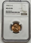 1950-D Lincoln Wheat Cent / Penny 1c NGC MS65 RD Red Rev Spot