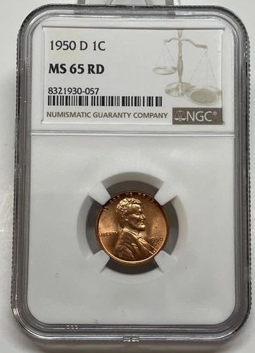 1950-D Lincoln Wheat Cent / Penny 1c NGC MS65 RD Red Rev Spot