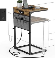 Shaped End Table with Charging Station, Small Side Table for Couch