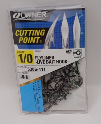 Owner 5306-111 Flyliner Live Bait Hook Welded Ring Black Chrome Size 1/0 41Ct