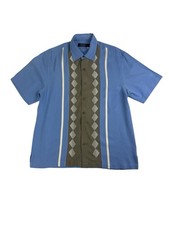 Nat Nast Luxury Originals Silk Bowling Shirt Blue Geometric Panel Short Sleeve M