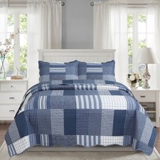 Embossed Bedspread Coverlet Soft Printed Quilt Set, Modern Navy Blue Plaid Twin