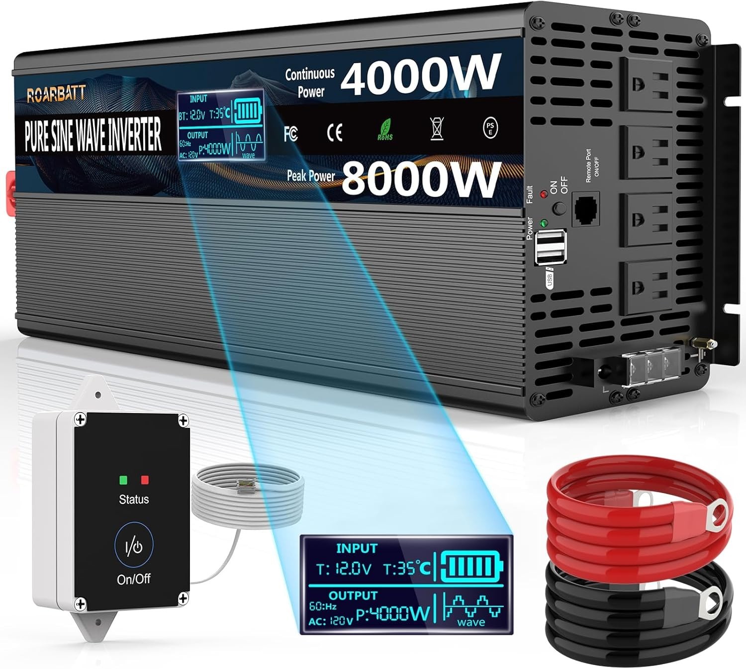 Pure Sine Wave Power Inverters 4000W 12V DC to AC 110V 120V Peak 8000W with Remo