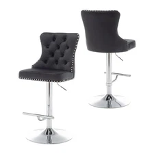 Velvet Bar Stools Set of 2, Swivel Bar Stools with Nailed Trim and Button Bac...
