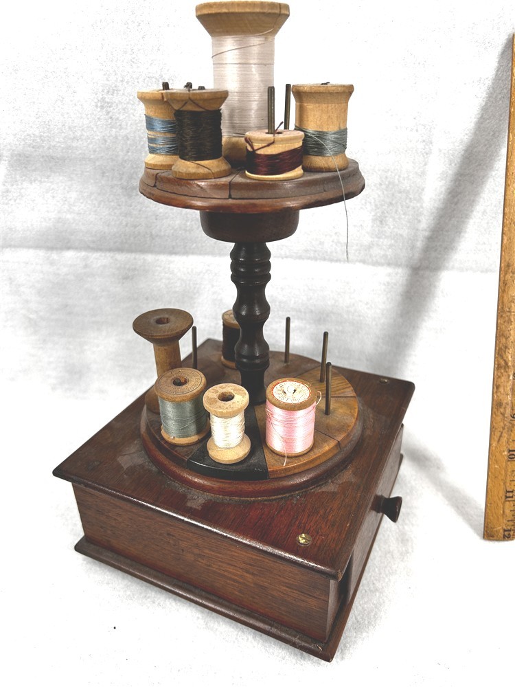 antique sewing stand with drawer two tier w/spools hand made original 19thc 