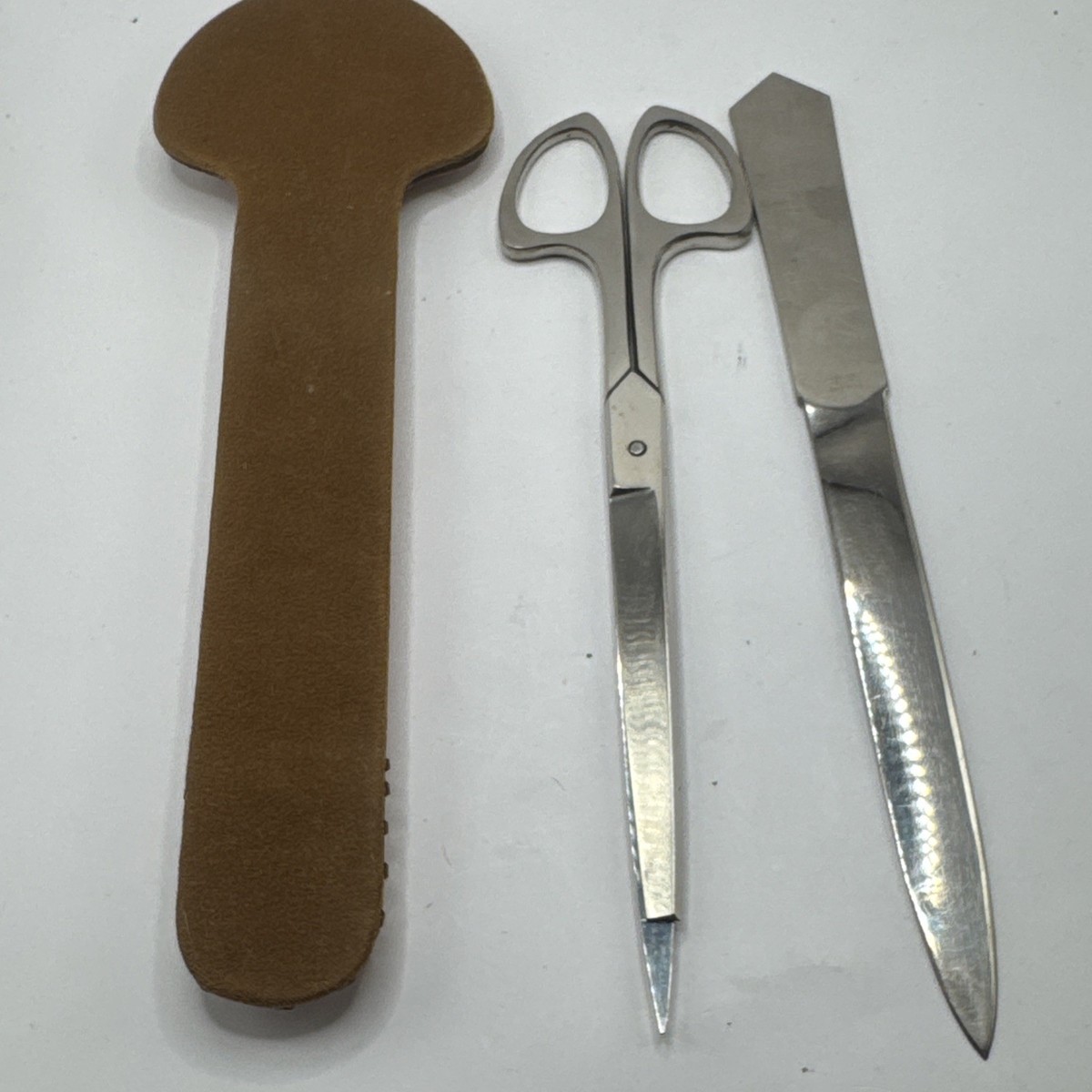 VTG Solingen Germany Engraved Scissors Letter Opener Set Leather