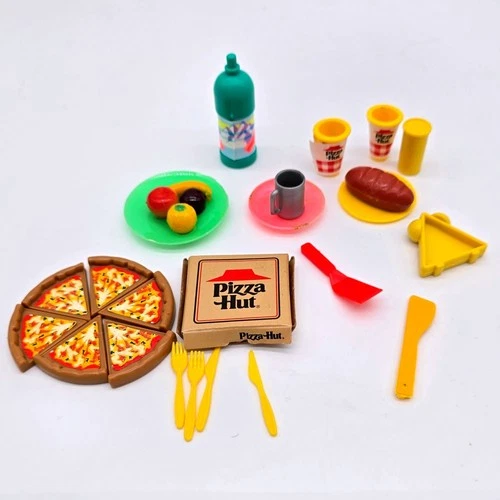 Vintage Barbie Pizza Hut Pizza Box and Drinks Utensils Playset Lot