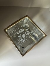 Vintage Etched Glass Mirror Trinket Box with Floral Design on Lid