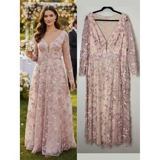 Mac Duggal Dress 16 Pink 3D Floral Butterfly Embroidered Mother of the Bride