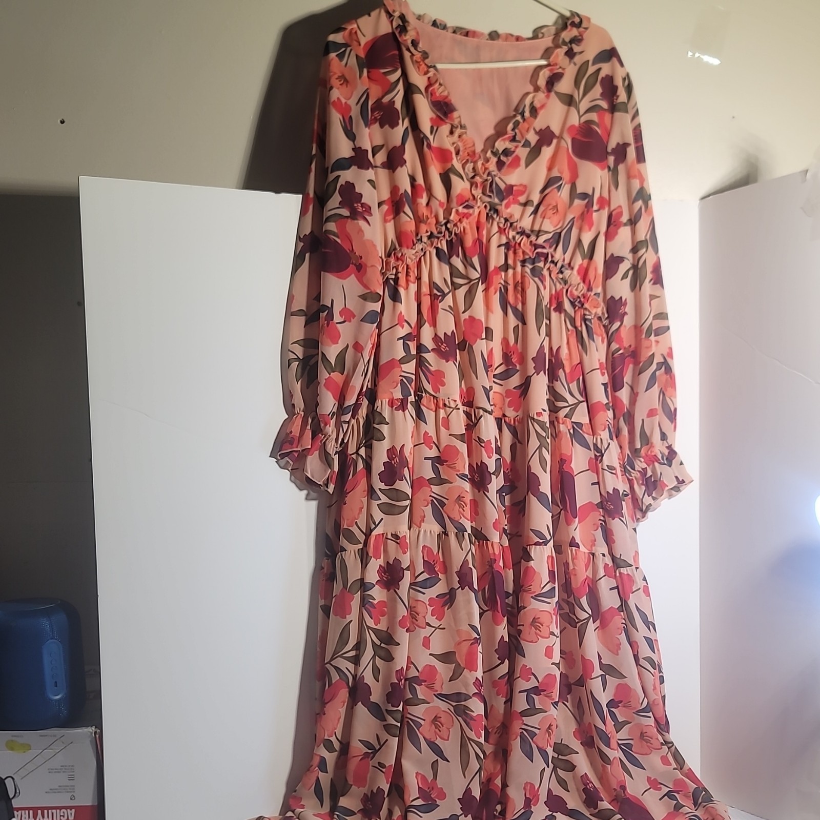 Floral Ruffle Long Sleeve Maxi Dress Chiffon Pink Purple Beige Red Size XL