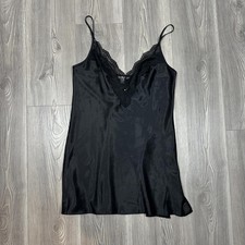 Victoria's Secret Black Satin Lace Chemise Slip Dress with Lace Details