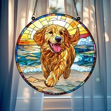 Golden Retriever Beach Run Acrylic Window Hanging: Dog Decor
