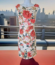 Dress Barn Sheath Dress 12 Cream Peach Floral Sleeveless Boat Neck Zip Career