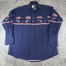 Vintage Wrangler Shirt Medium Blue Western Pearl Snap Horses Aztec Cowboy Rodeo